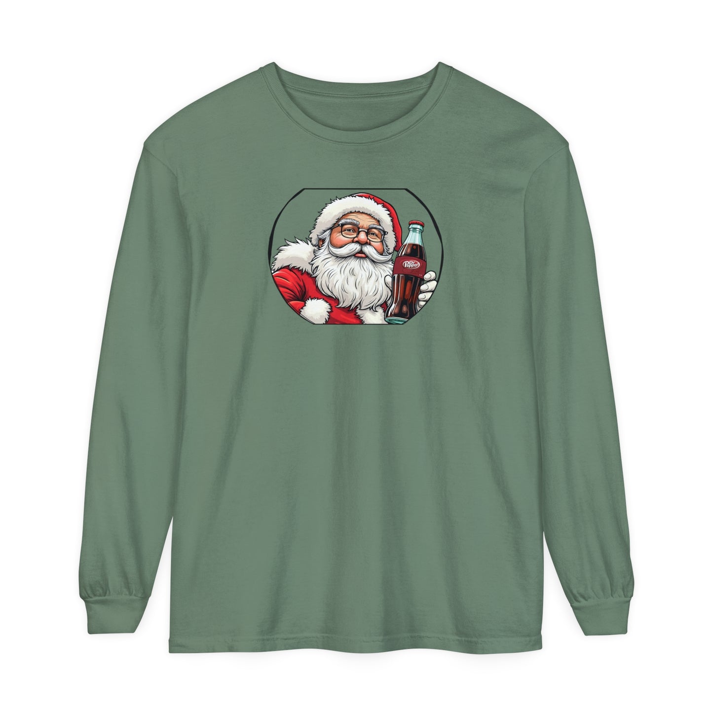Adult Long Sleeve Tee Christmas Santa Drinking A Dr. Pepper