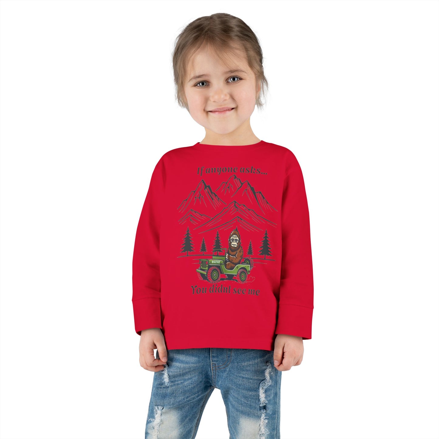 Bigfoot Spotted In A Jeep, You Didn't See Me, Cute Kids Long Sleeve Shirt