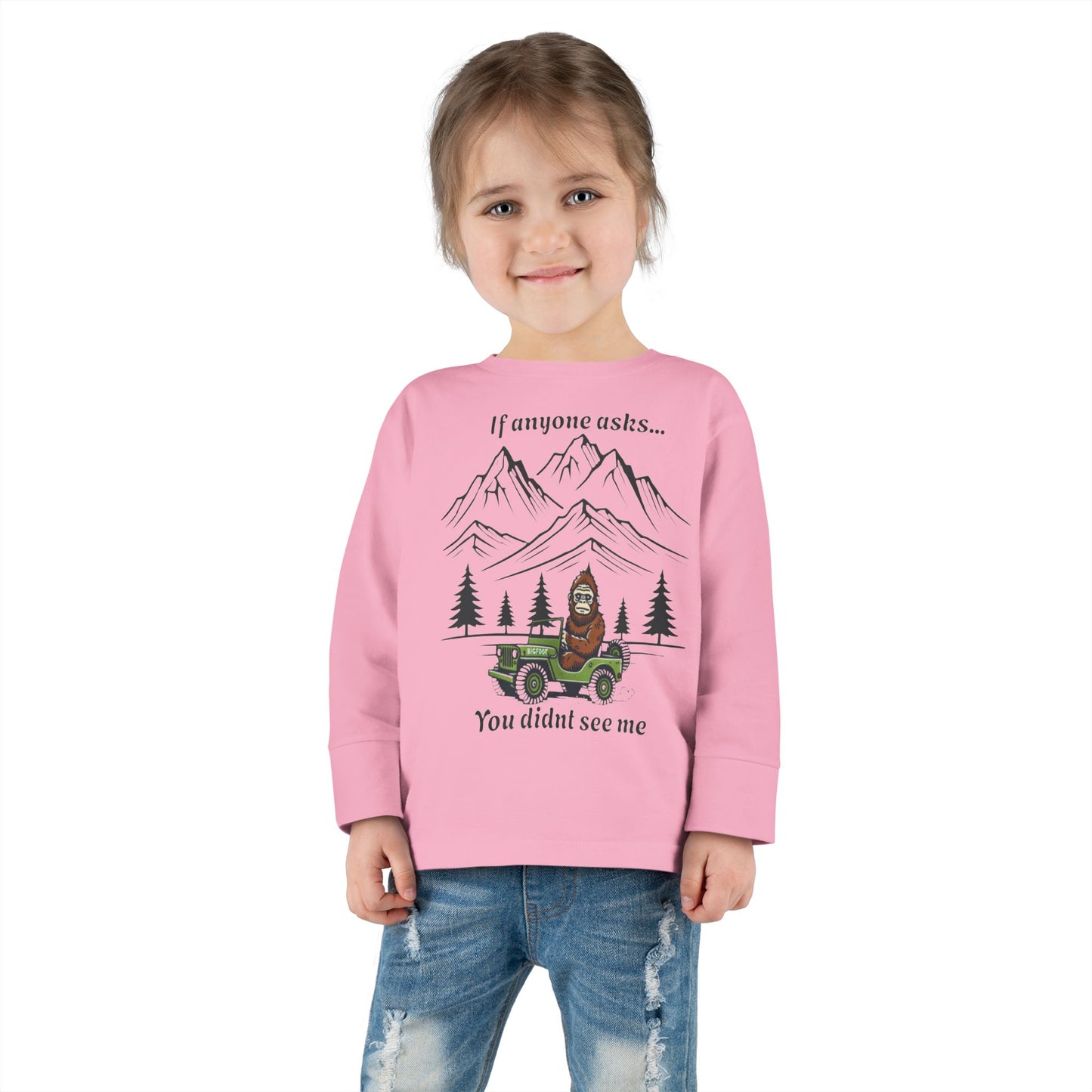 Bigfoot Spotted In A Jeep, You Didn't See Me, Cute Kids Long Sleeve Shirt