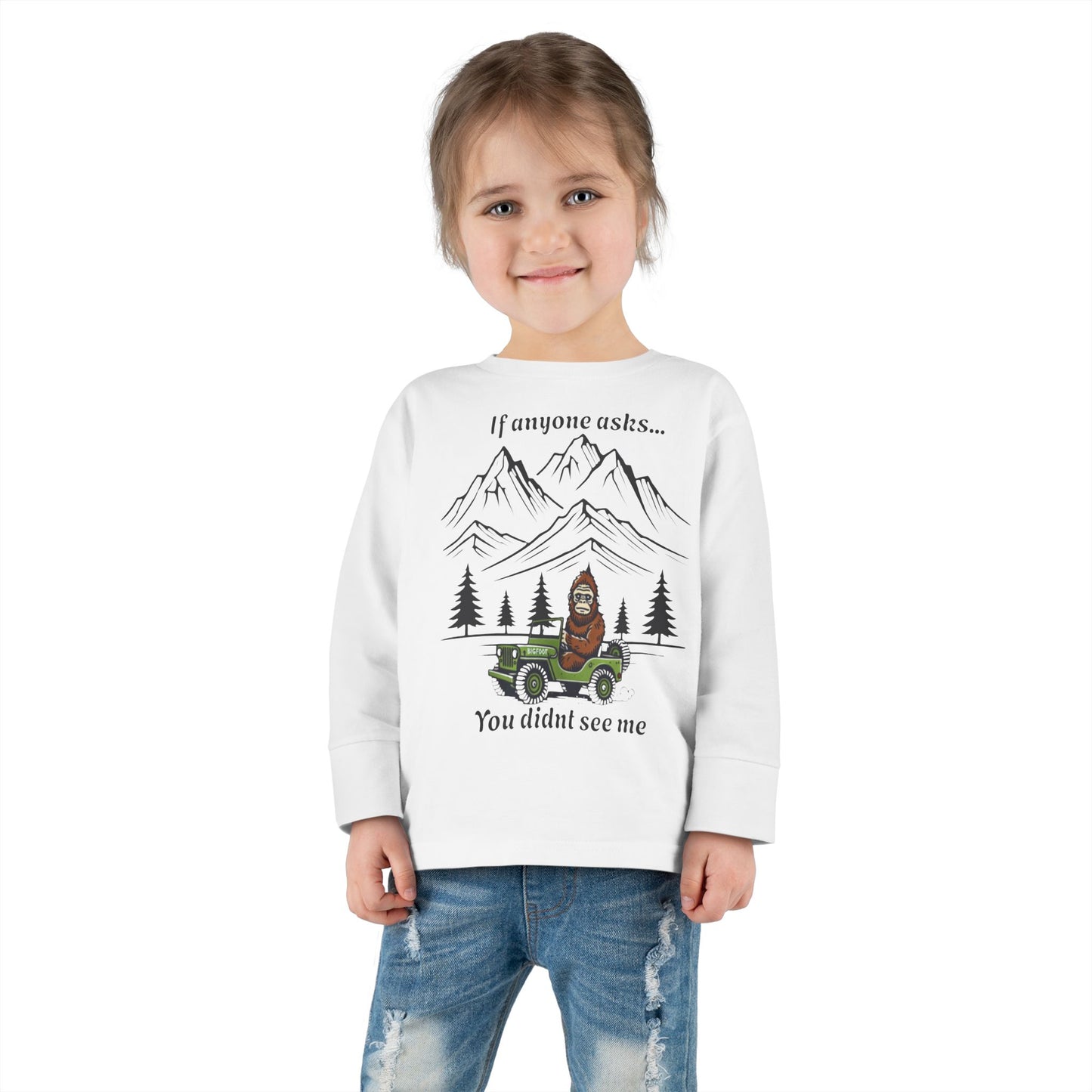 Bigfoot Spotted In A Jeep, You Didn't See Me, Cute Kids Long Sleeve Shirt