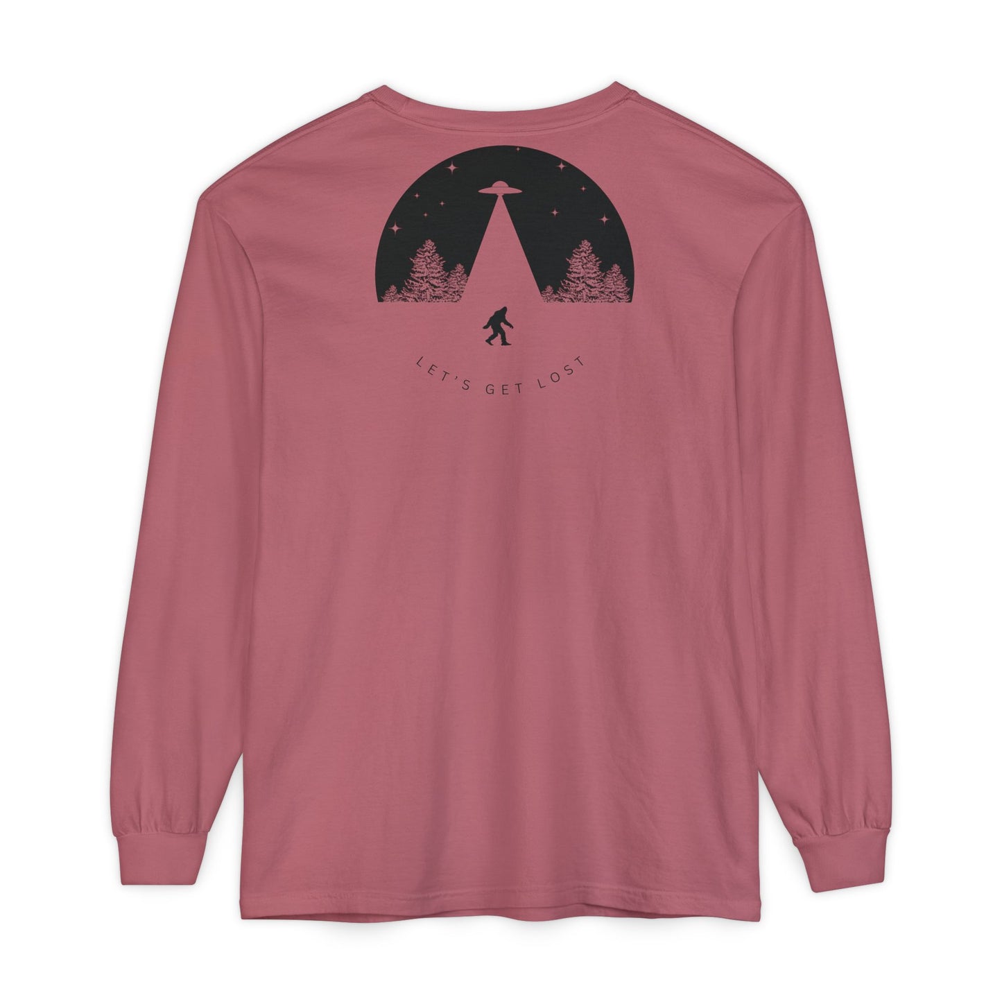 Adult Long Sleeve Tee Let's Get Lost With Bigfoot UFO In The Woods