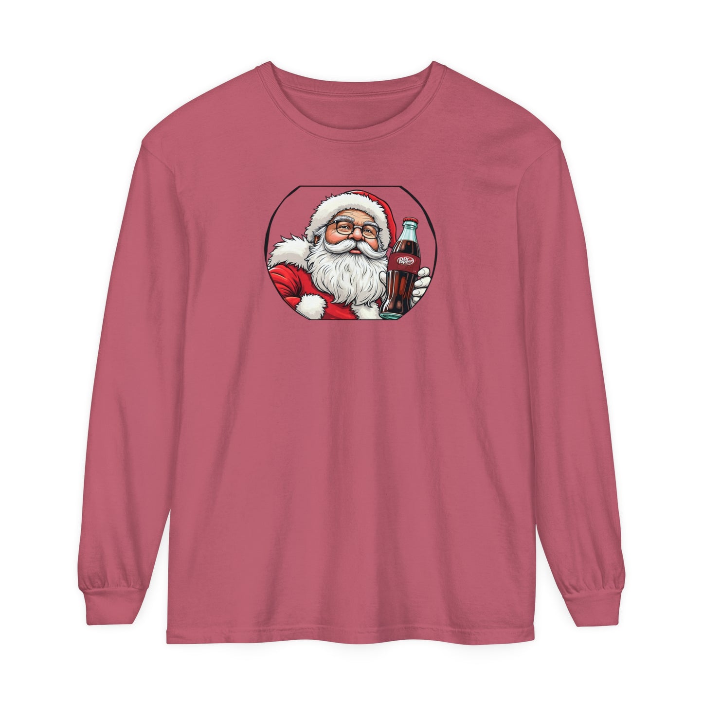 Adult Long Sleeve Tee Christmas Santa Drinking A Dr. Pepper