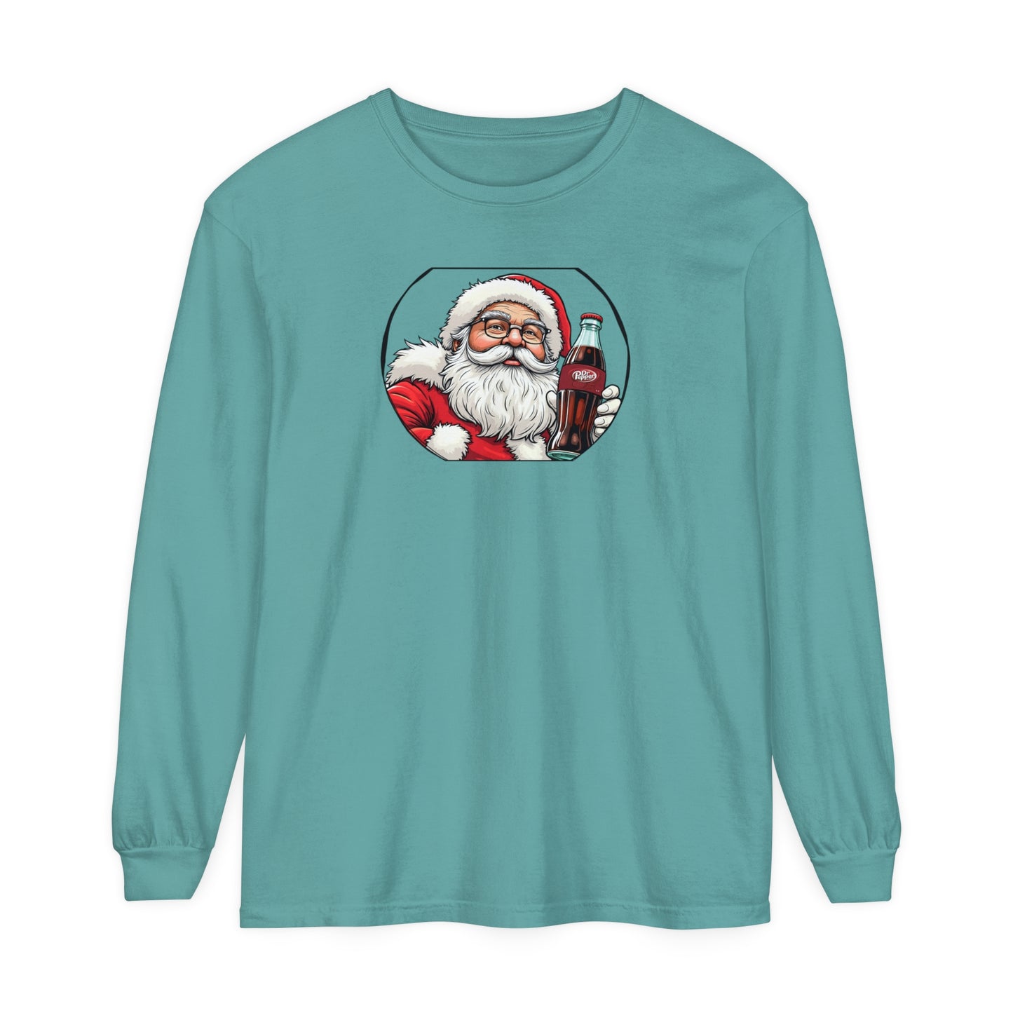 Adult Long Sleeve Tee Christmas Santa Drinking A Dr. Pepper