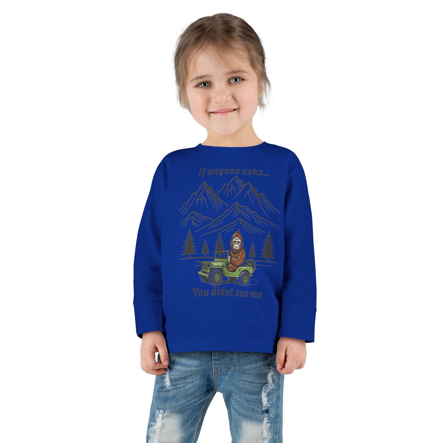 Bigfoot Spotted In A Jeep, You Didn't See Me, Cute Kids Long Sleeve Shirt
