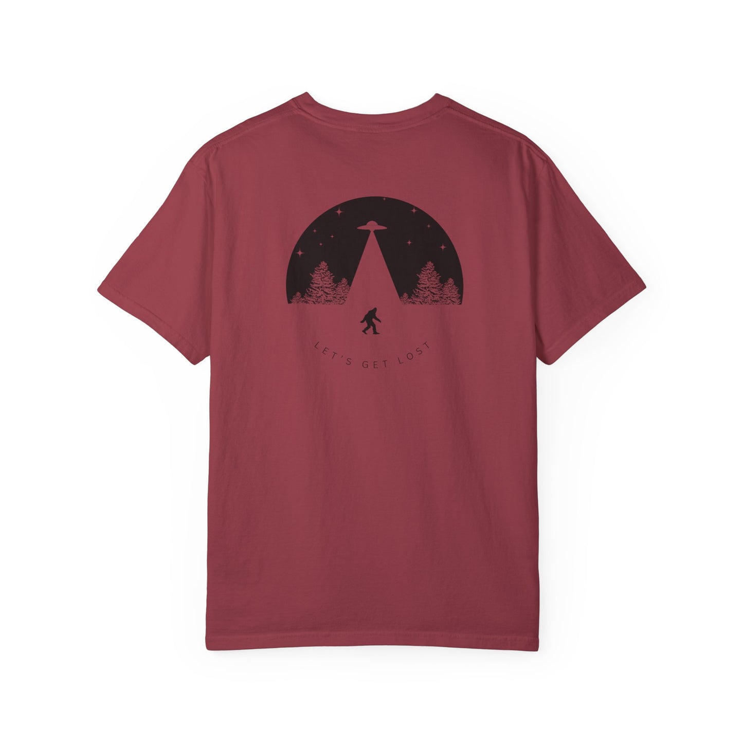 Adult Short Sleeve Tee Let's Get Lost With Bigfoot UFO In The Woods