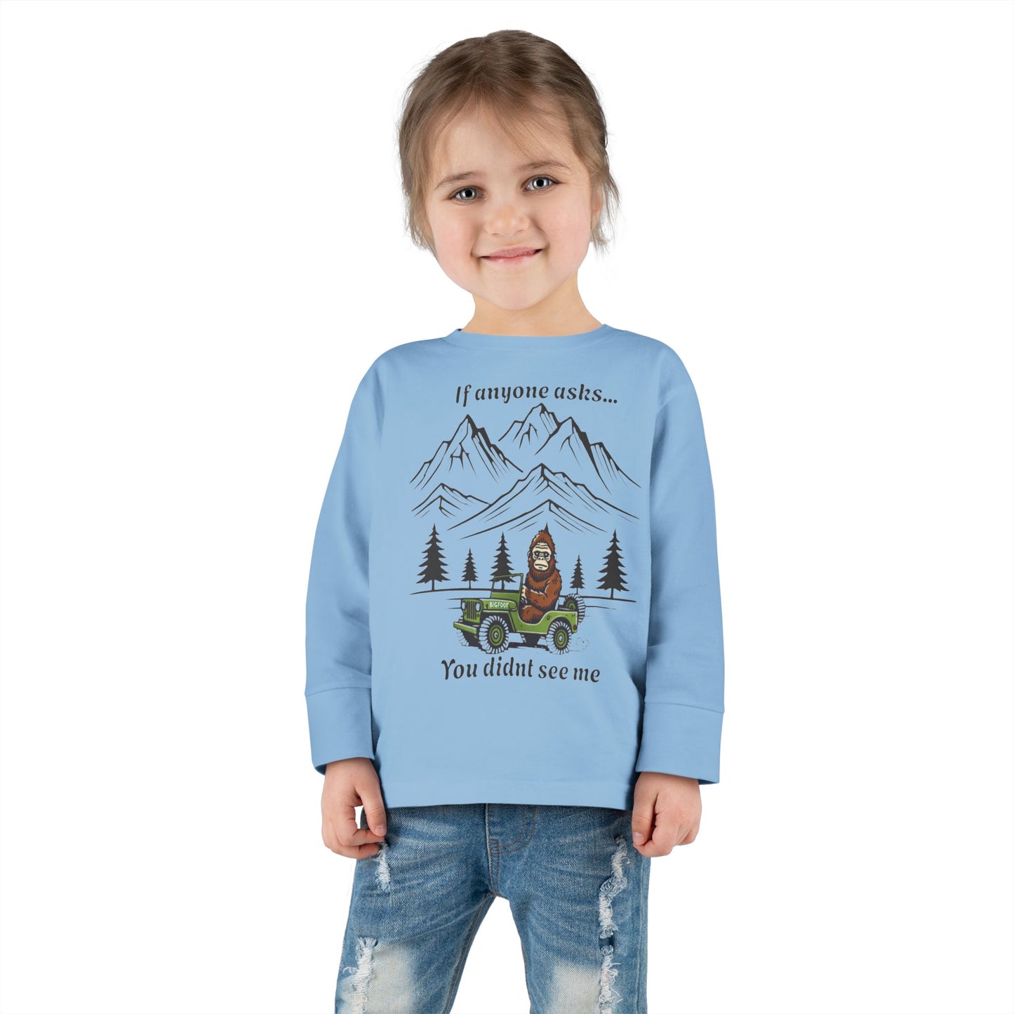 Bigfoot Spotted In A Jeep, You Didn't See Me, Cute Kids Long Sleeve Shirt