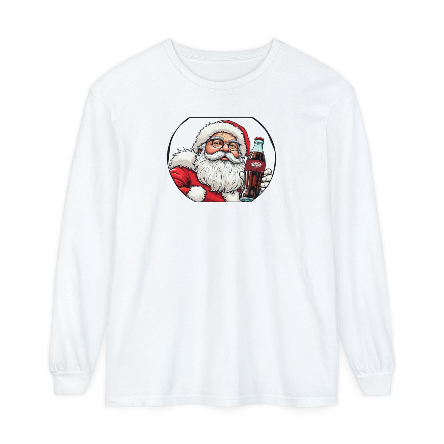 Adult Long Sleeve Tee Christmas Santa Drinking A Dr. Pepper