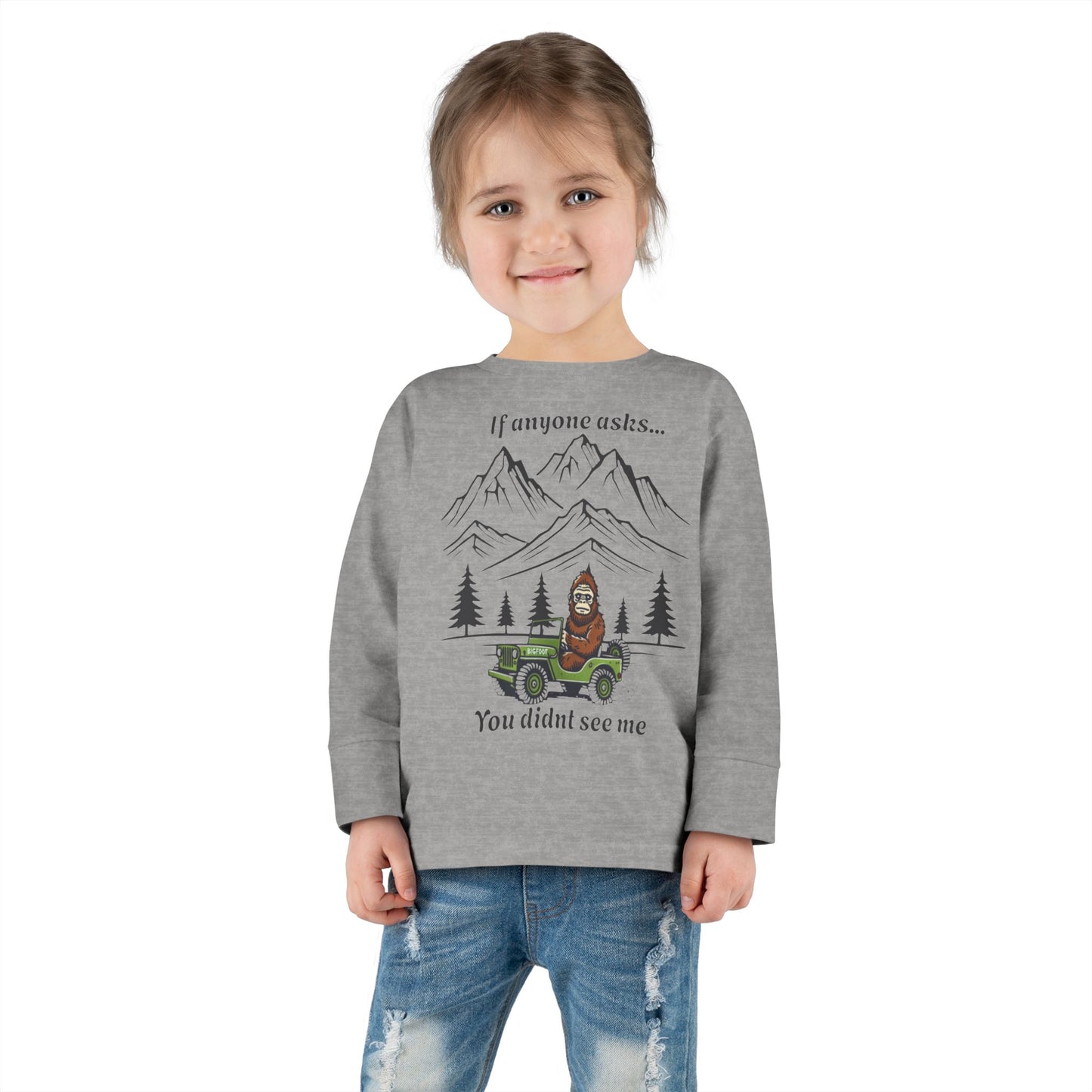Bigfoot Spotted In A Jeep, You Didn't See Me, Cute Kids Long Sleeve Shirt