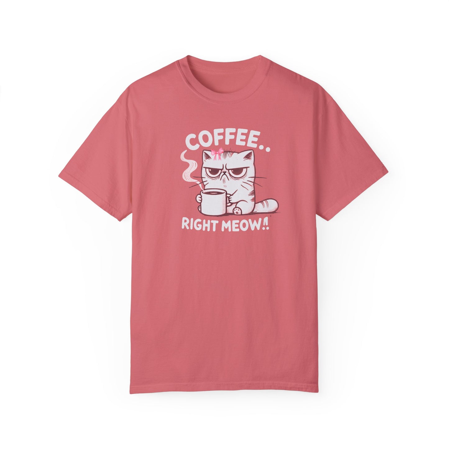 Adult Short Sleeve Grumpy Cat Needs Coffee Right Meow! Coquette Bow Style, Funny and Cute Tee