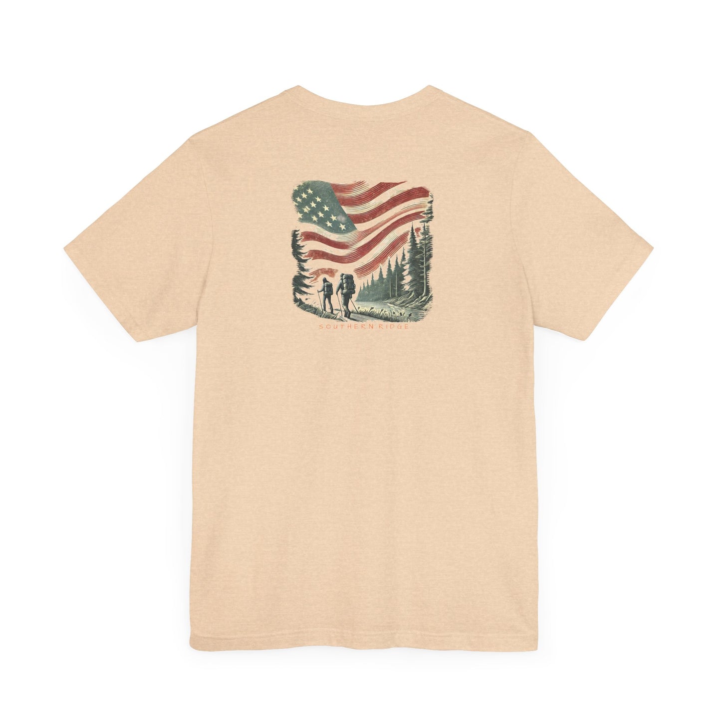 Hiking Through The Woods Patriotic Tee by Southern Ridge, USA Outdoor Shirt, American Hike Unisex Nature T-Shirt, Red White Blue Clothing