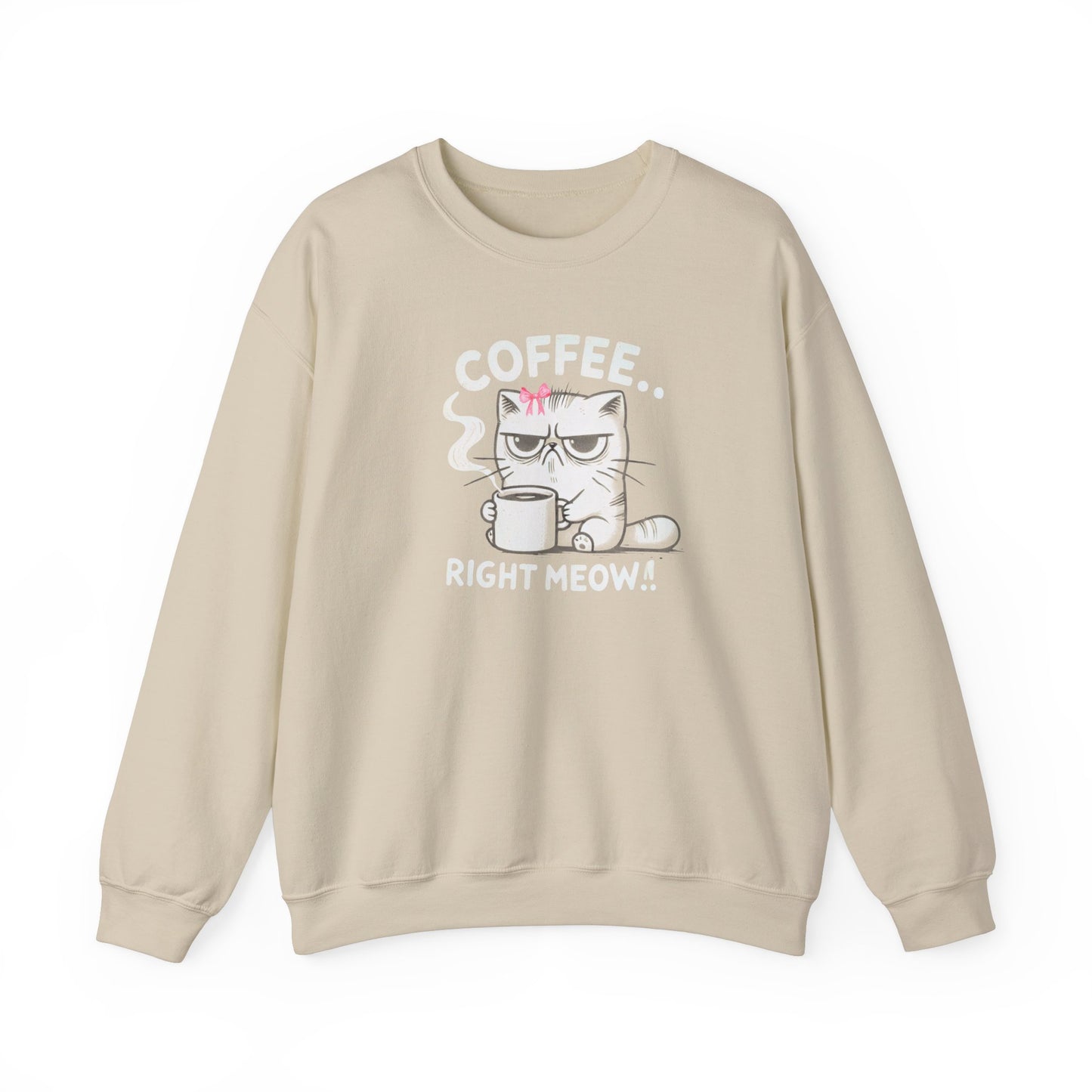 Adult Sweatshirt Grumpy Cat Needs Coffee Right Meow! Coquette Bow Style, Funny and Cute Pullover