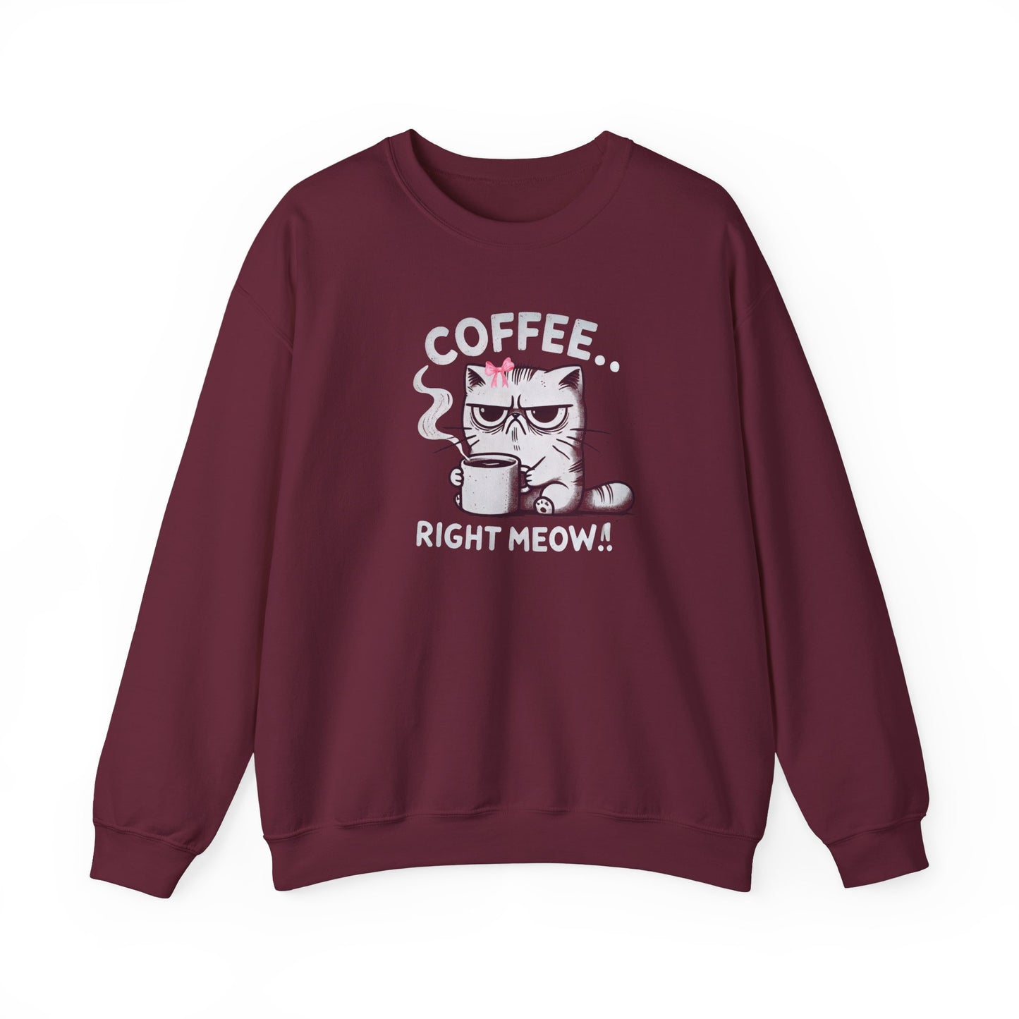 Adult Sweatshirt Grumpy Cat Needs Coffee Right Meow! Coquette Bow Style, Funny and Cute Pullover