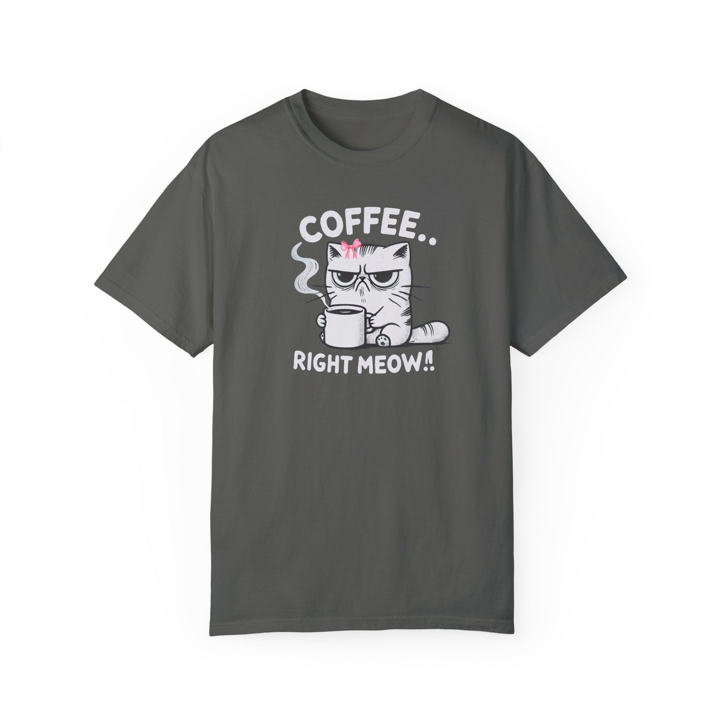 Adult Short Sleeve Grumpy Cat Needs Coffee Right Meow! Coquette Bow Style, Funny and Cute Tee