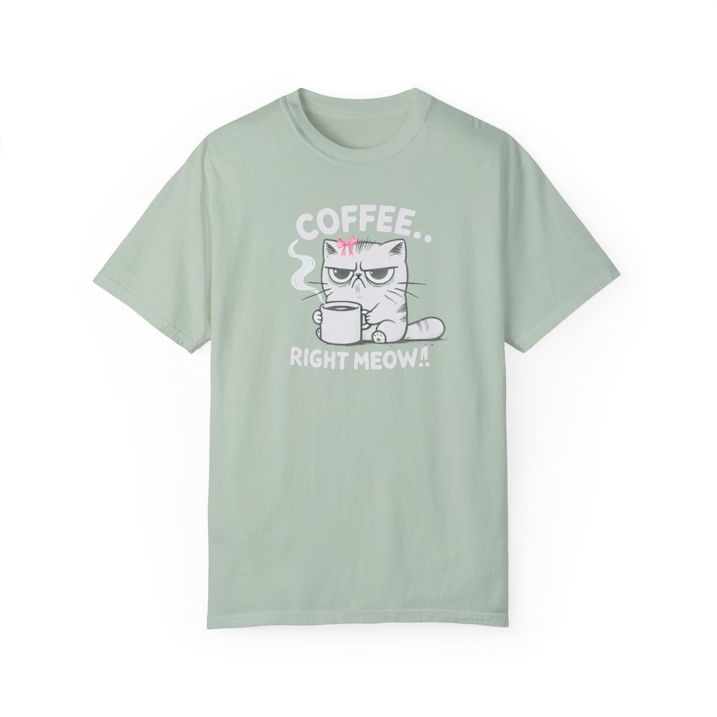 Adult Short Sleeve Grumpy Cat Needs Coffee Right Meow! Coquette Bow Style, Funny and Cute Tee