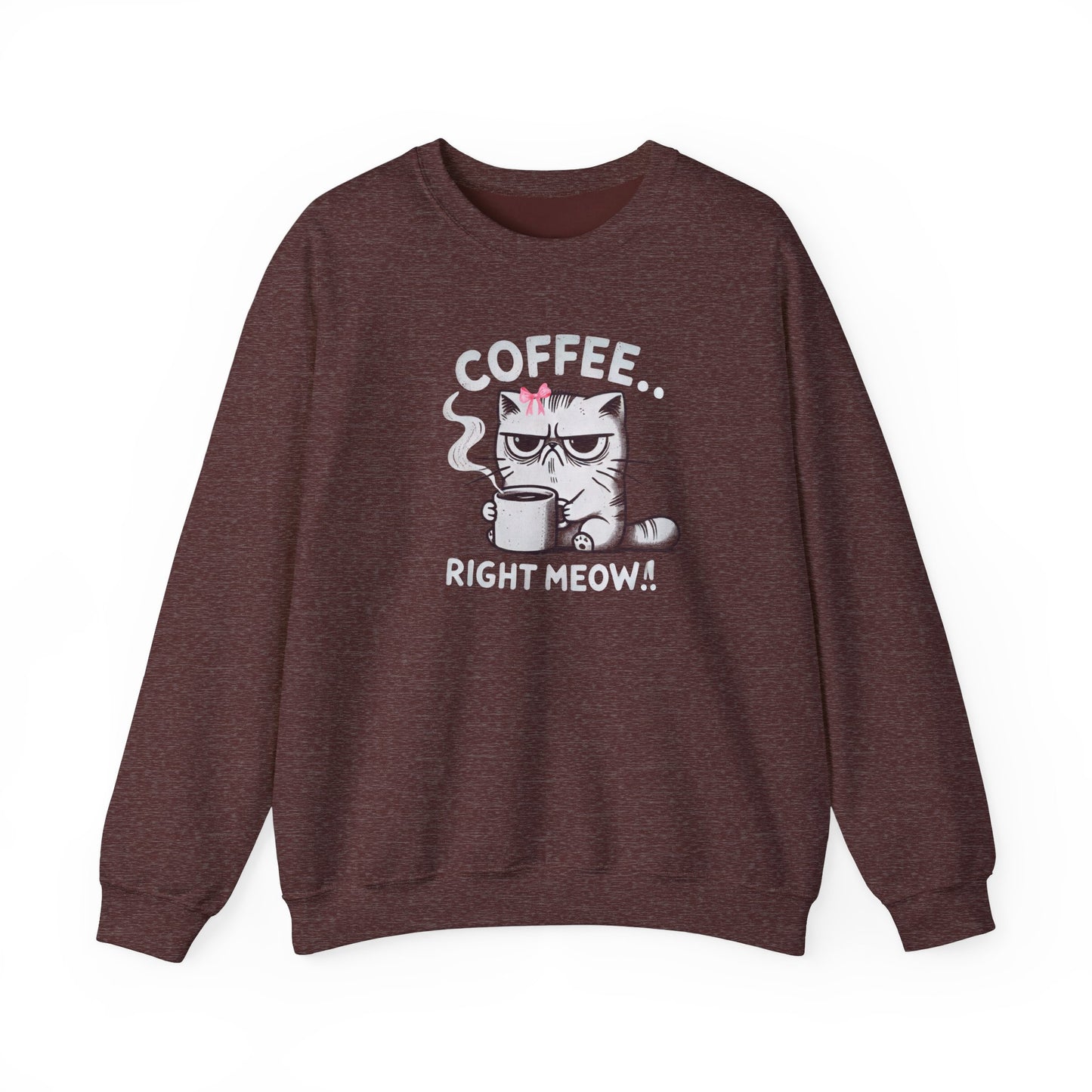 Adult Sweatshirt Grumpy Cat Needs Coffee Right Meow! Coquette Bow Style, Funny and Cute Pullover