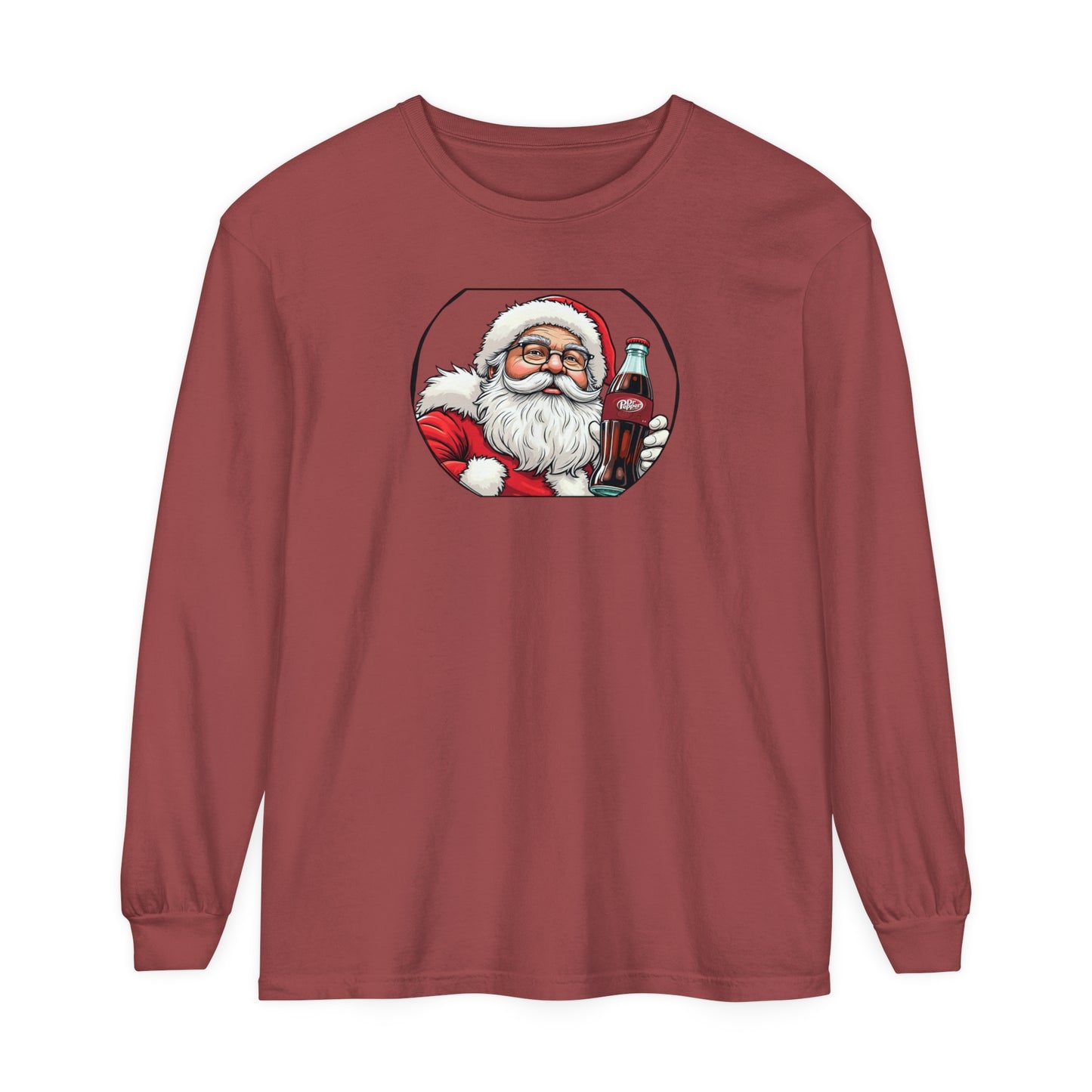 Adult Long Sleeve Tee Christmas Santa Drinking A Dr. Pepper