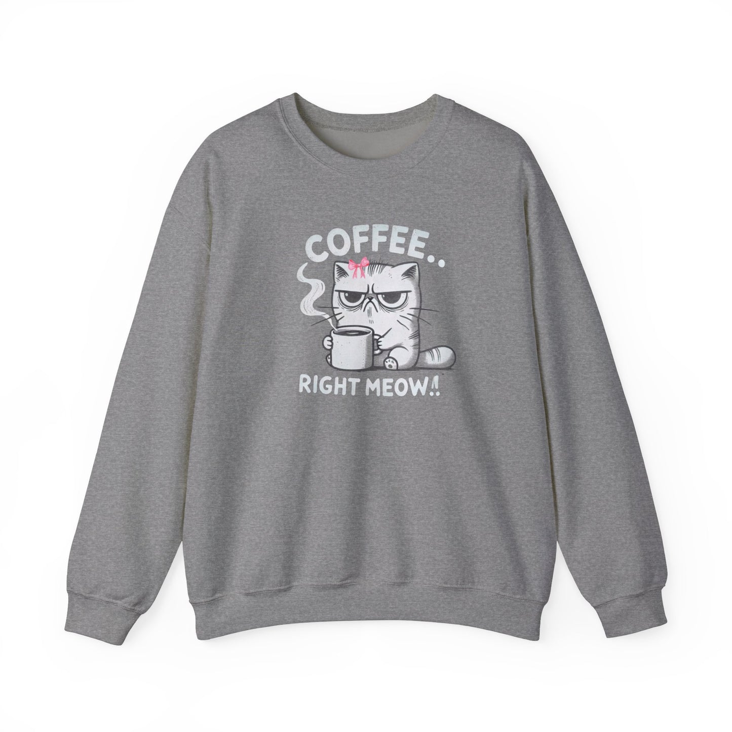 Adult Sweatshirt Grumpy Cat Needs Coffee Right Meow! Coquette Bow Style, Funny and Cute Pullover