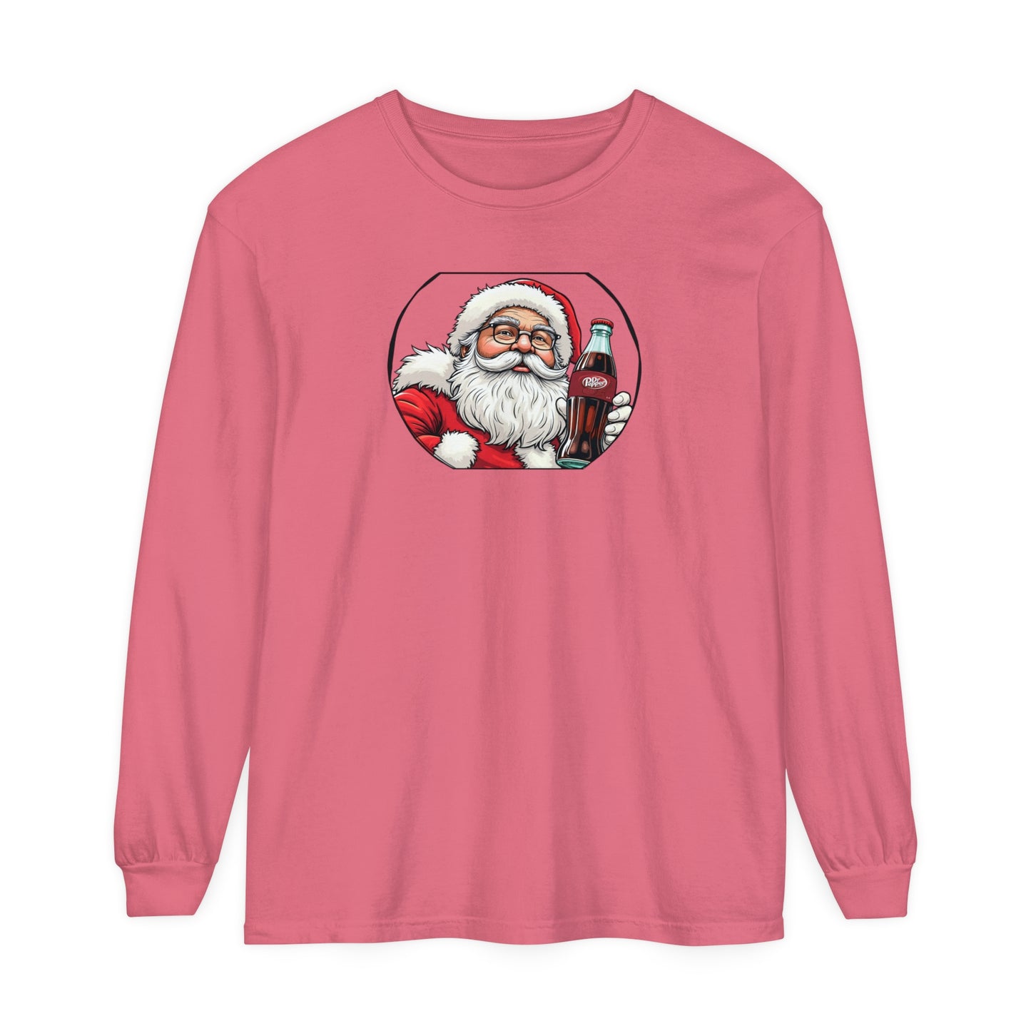 Adult Long Sleeve Tee Christmas Santa Drinking A Dr. Pepper