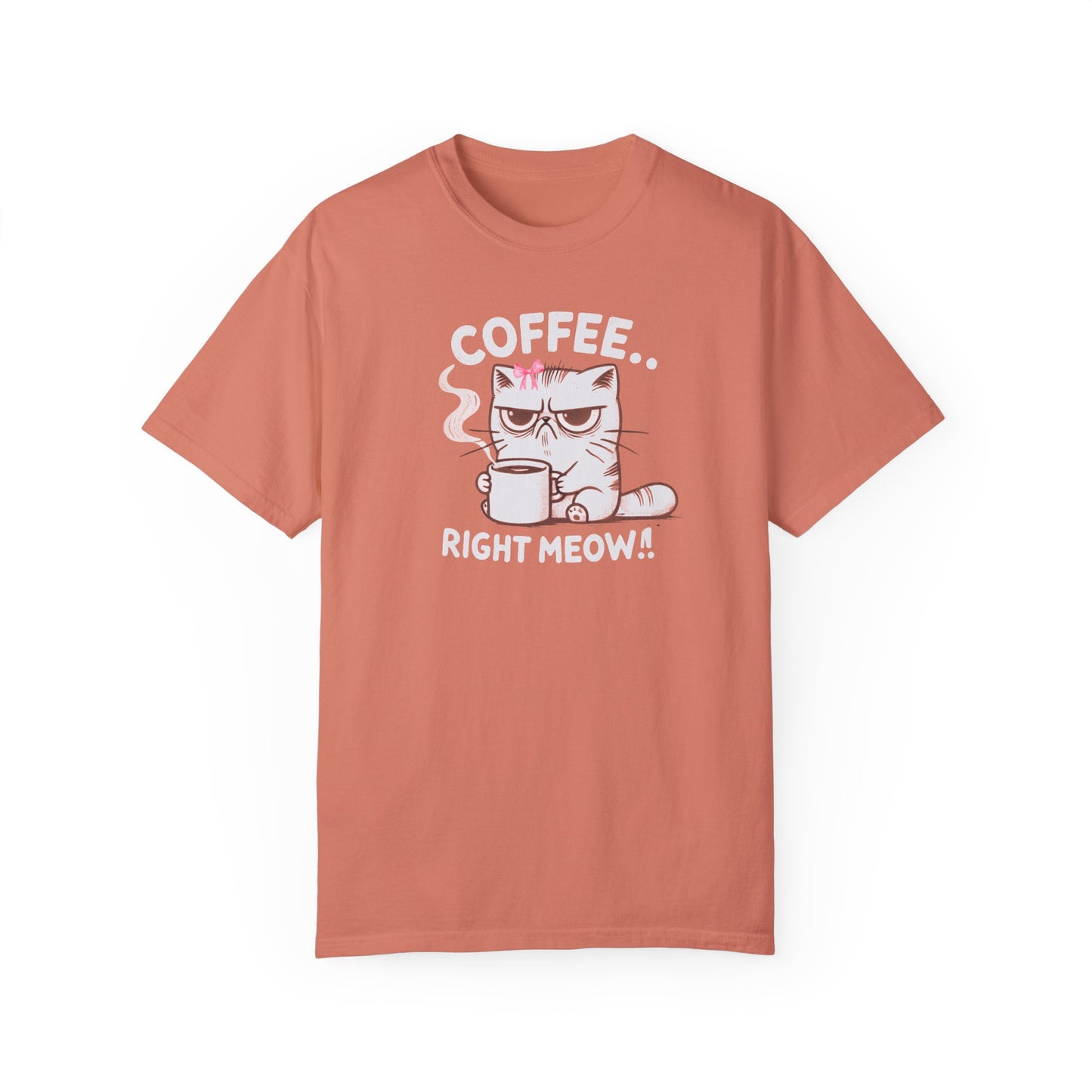 Adult Short Sleeve Grumpy Cat Needs Coffee Right Meow! Coquette Bow Style, Funny and Cute Tee