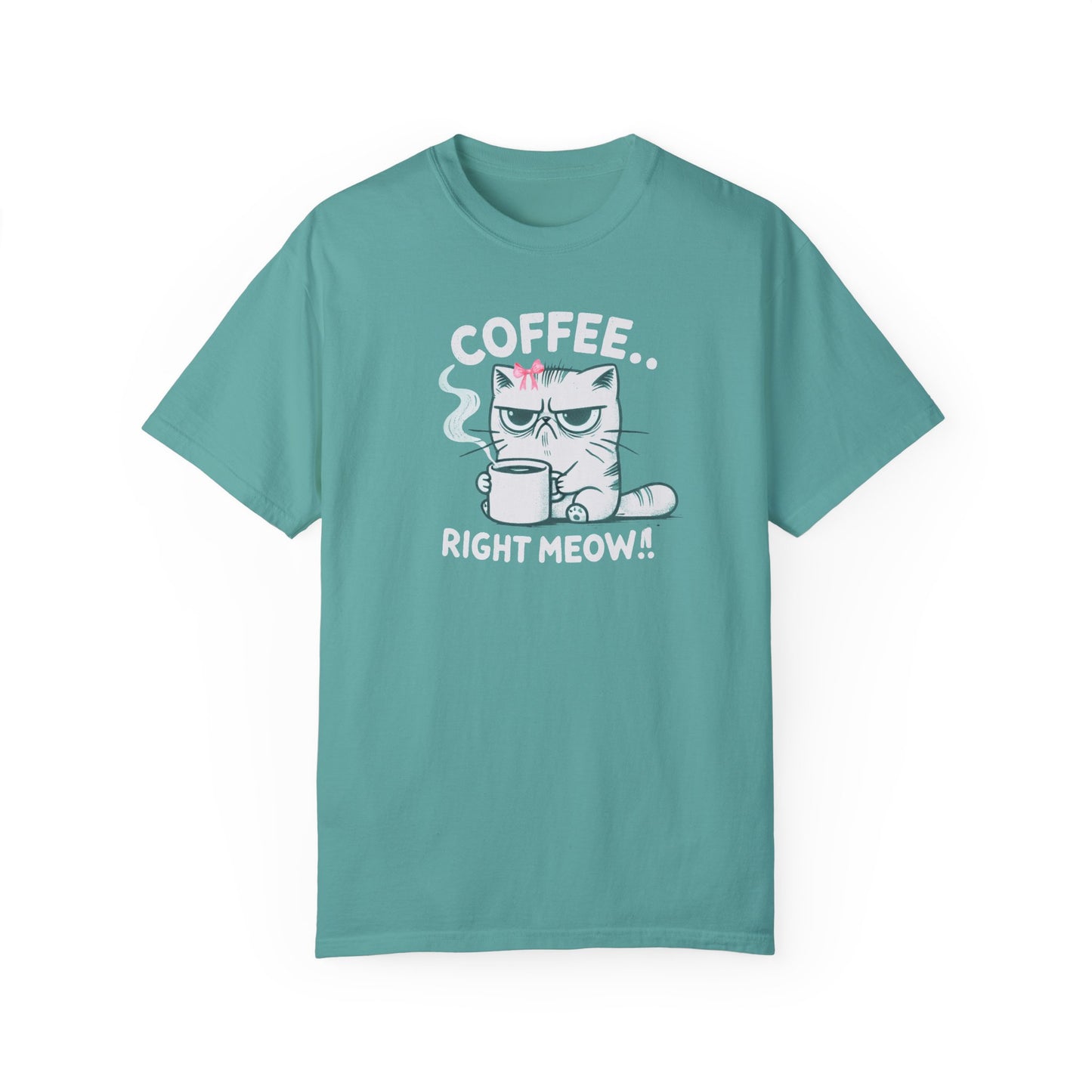 Adult Short Sleeve Grumpy Cat Needs Coffee Right Meow! Coquette Bow Style, Funny and Cute Tee