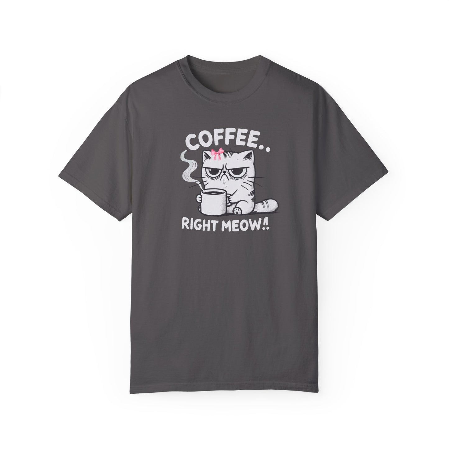 Adult Short Sleeve Grumpy Cat Needs Coffee Right Meow! Coquette Bow Style, Funny and Cute Tee