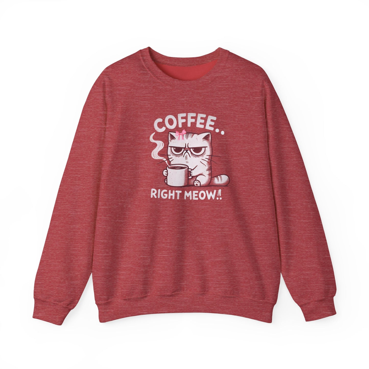 Adult Sweatshirt Grumpy Cat Needs Coffee Right Meow! Coquette Bow Style, Funny and Cute Pullover