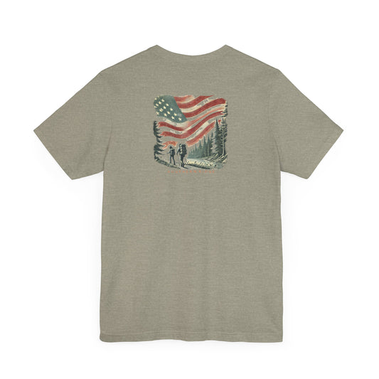 Hiking Through The Woods Patriotic Tee by Southern Ridge, USA Outdoor Shirt, American Hike Unisex Nature T-Shirt, Red White Blue Clothing