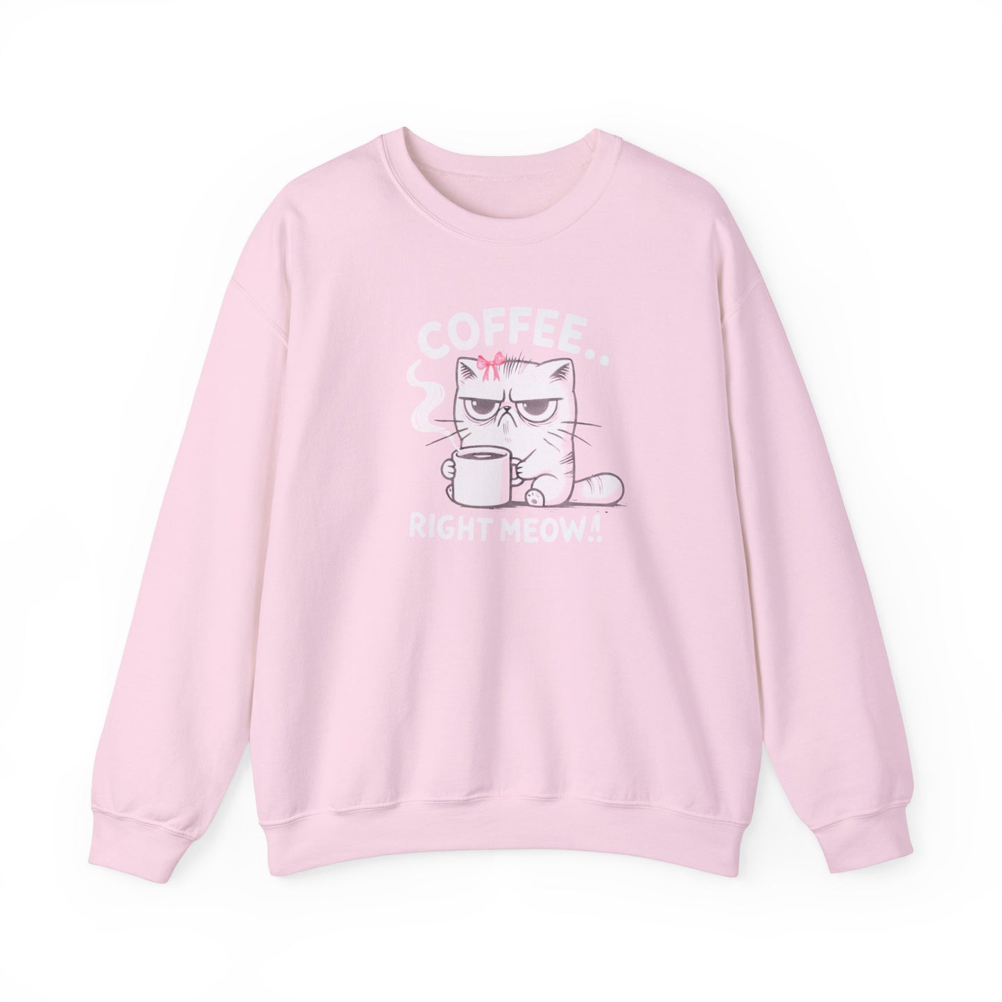 Adult Sweatshirt Grumpy Cat Needs Coffee Right Meow! Coquette Bow Style, Funny and Cute Pullover