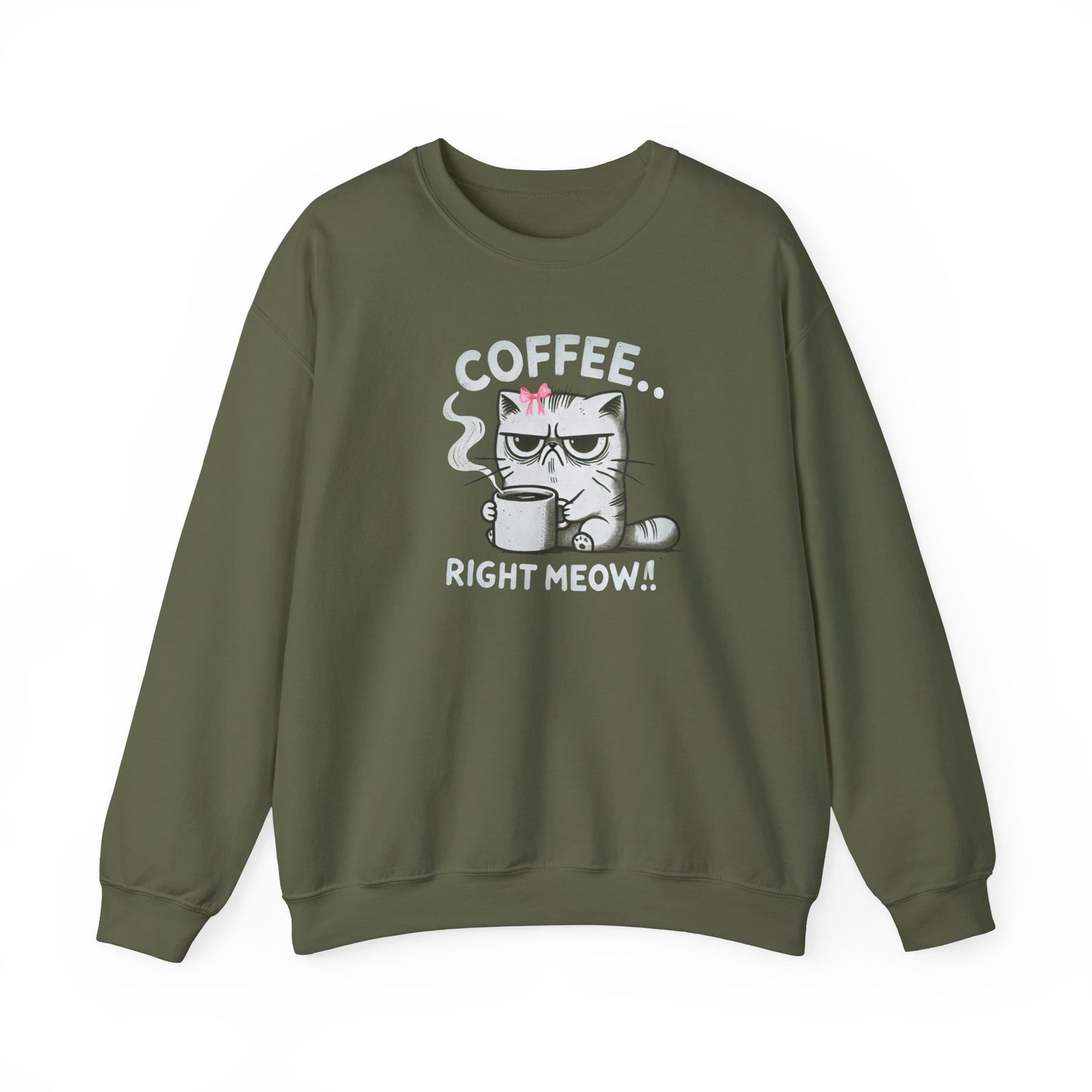 Adult Sweatshirt Grumpy Cat Needs Coffee Right Meow! Coquette Bow Style, Funny and Cute Pullover