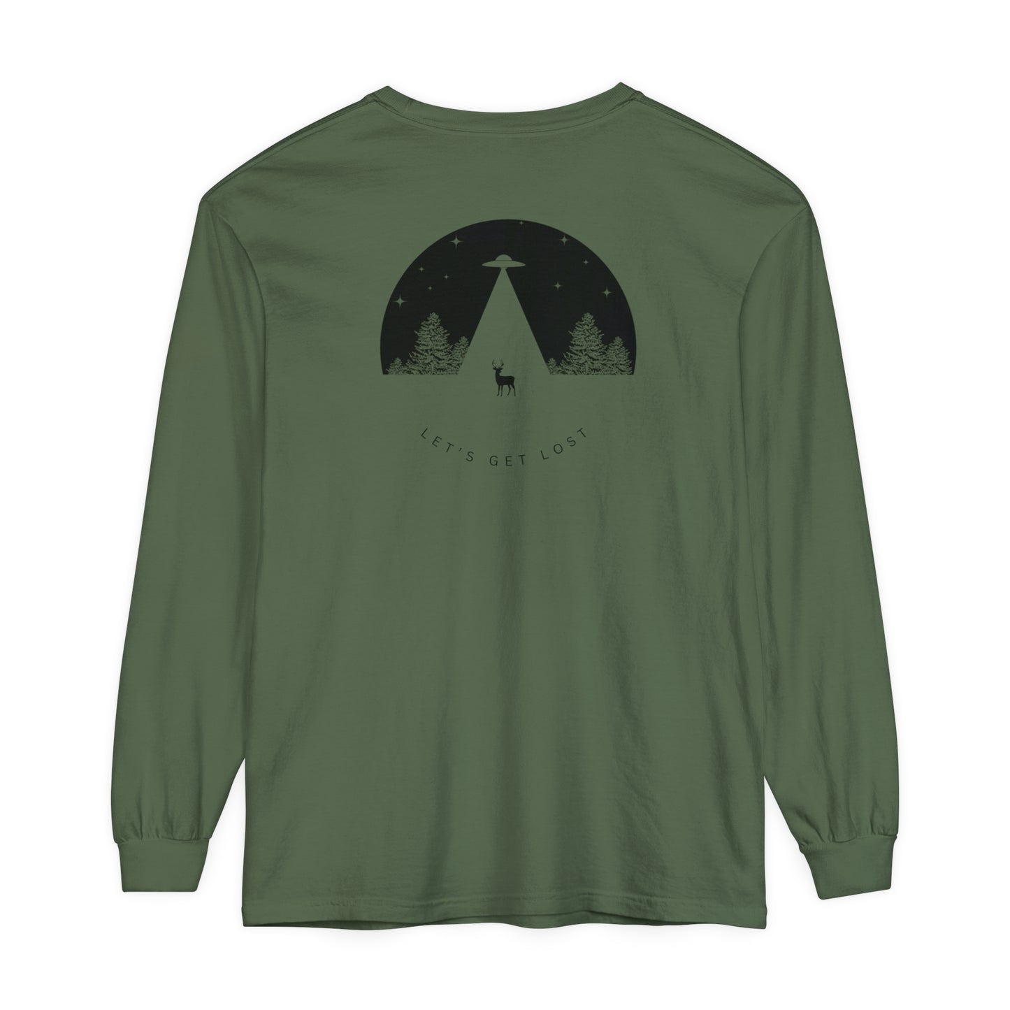 Adult Long Sleeve Tee Let's Get Lost UFO In The Woods in Comfort Colors