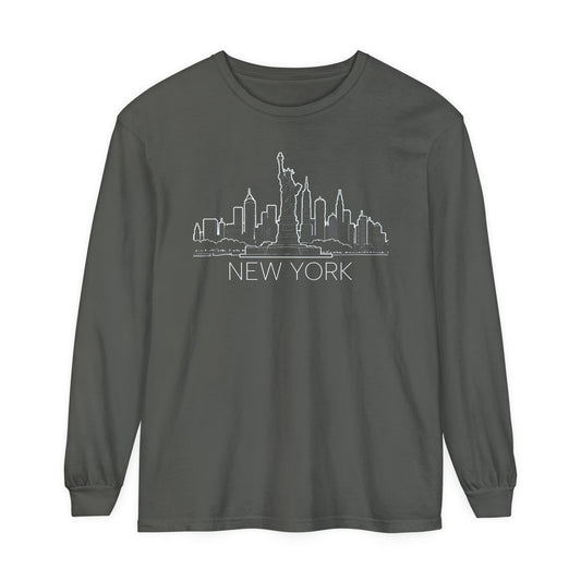 Adult Long Sleeve Tee Vintage New York City Skyline Outline